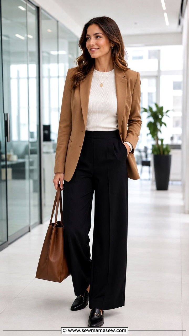 Camel Blazer With Wide Leg Trousers Bank Look - 20 Banker outfit ideas