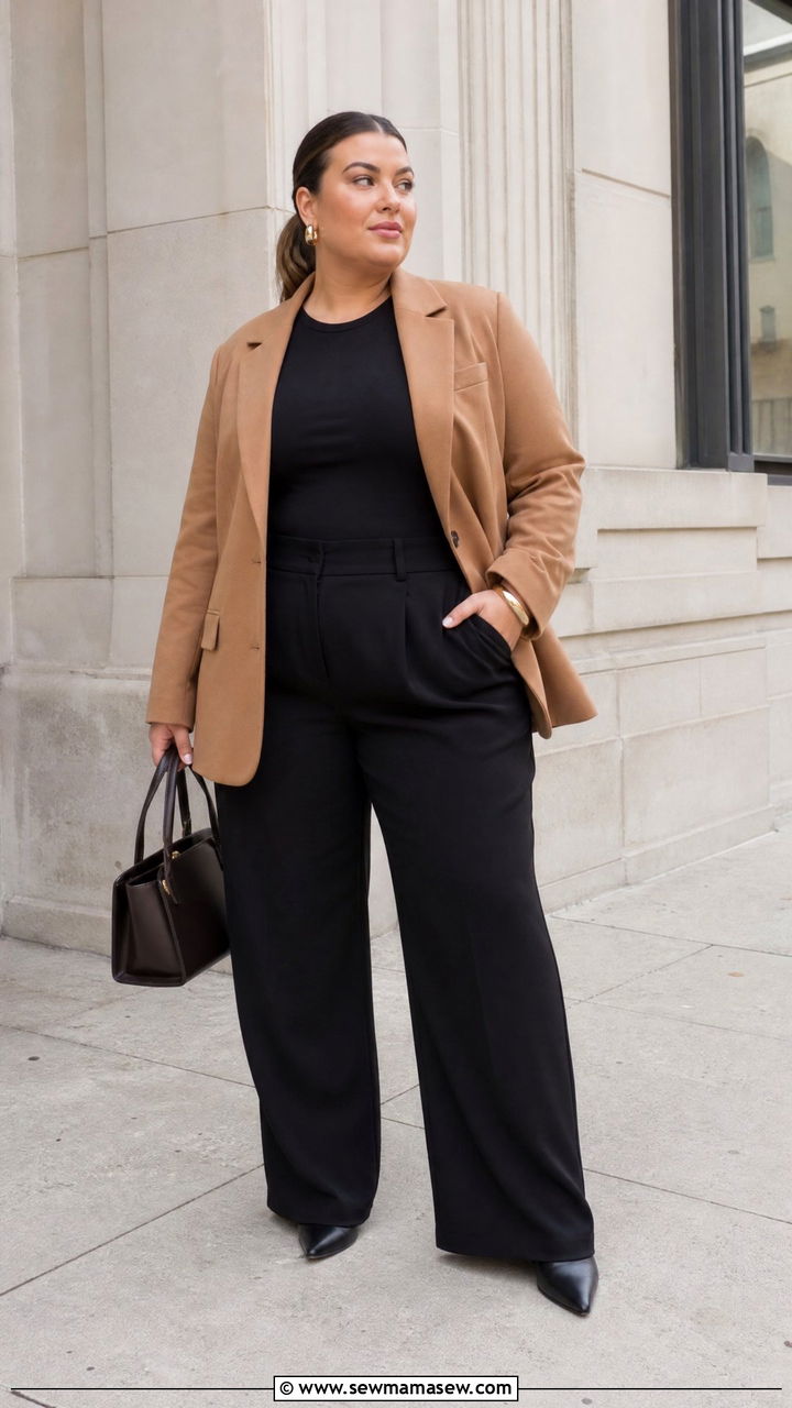 Camel Blazer and Black Wide Leg Pants Ensemble - 30 Clean girl outfits plus size