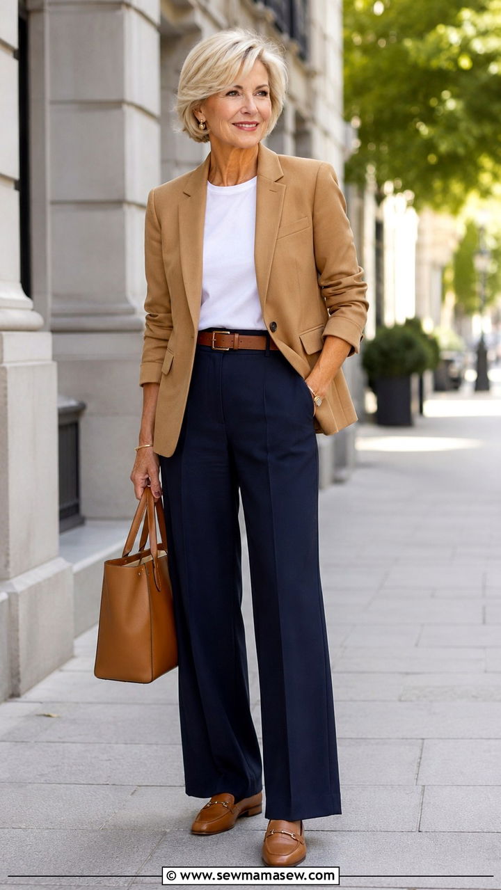 Camel Blazer and Navy Wide Leg Trousers - 30 Quiet luxury outfits for women over 50