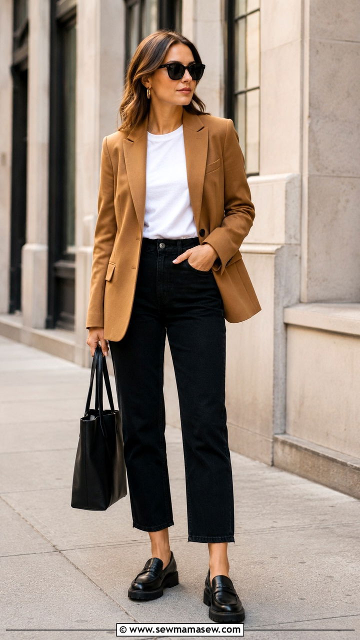 Camel Blazer with Black Jeans and Loafers - 25 Black jeans outfit ideas with a blazer