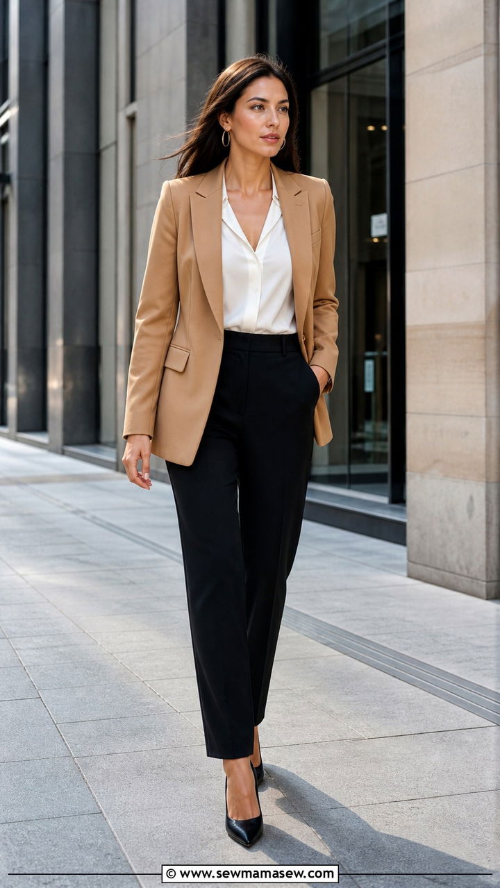 Camel Blazer with Black Straight Leg Trousers - 40 classy work outfits