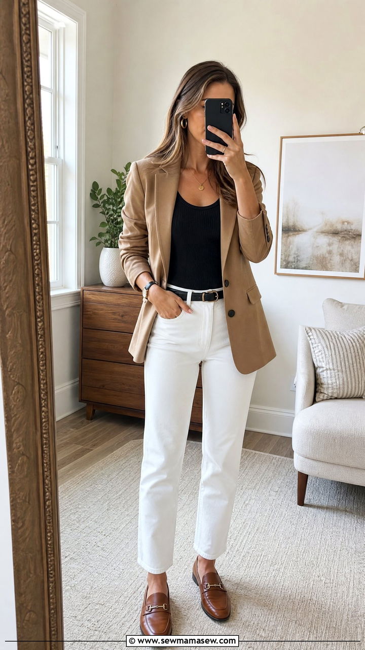 Camel Blazer with Black Top White Jeans and Loafers - 25 classy clean girl outfits
