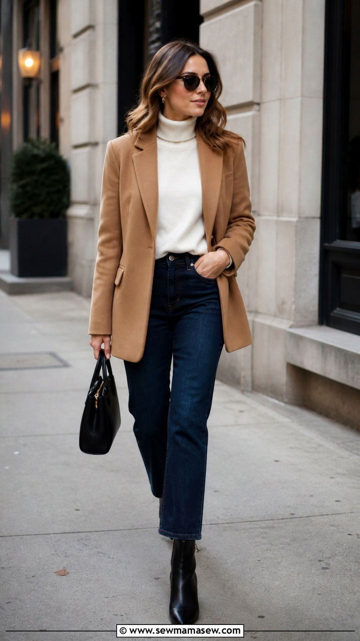 Camel Blazer with Cream Turtleneck and Dark Jeans - 40 classy office outfit ideas