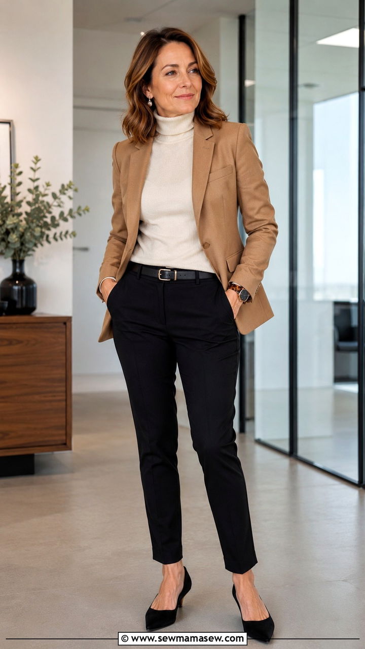 Camel Blazer with Cream Turtleneck and Slim Black Trousers - 30 office outfits for women over 40