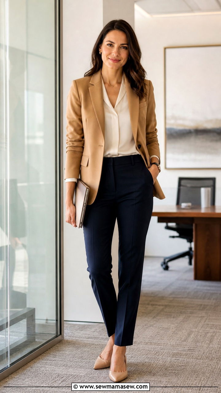 Camel Blazer with Navy Trousers and Cream Silk Blouse - 40 Camel outfit ideas