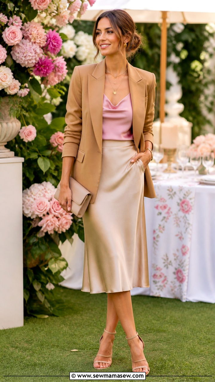 Camel Blazer with Pink Satin Camisole and Champagne Slip Skirt - 40 Camel outfit ideas