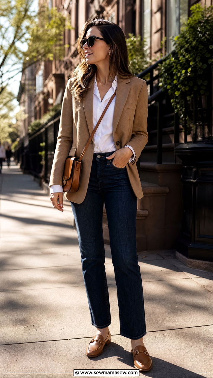 Camel Blazer with White Button Down and Straight Jeans - 25 Quiet luxury outfit ideas for travel