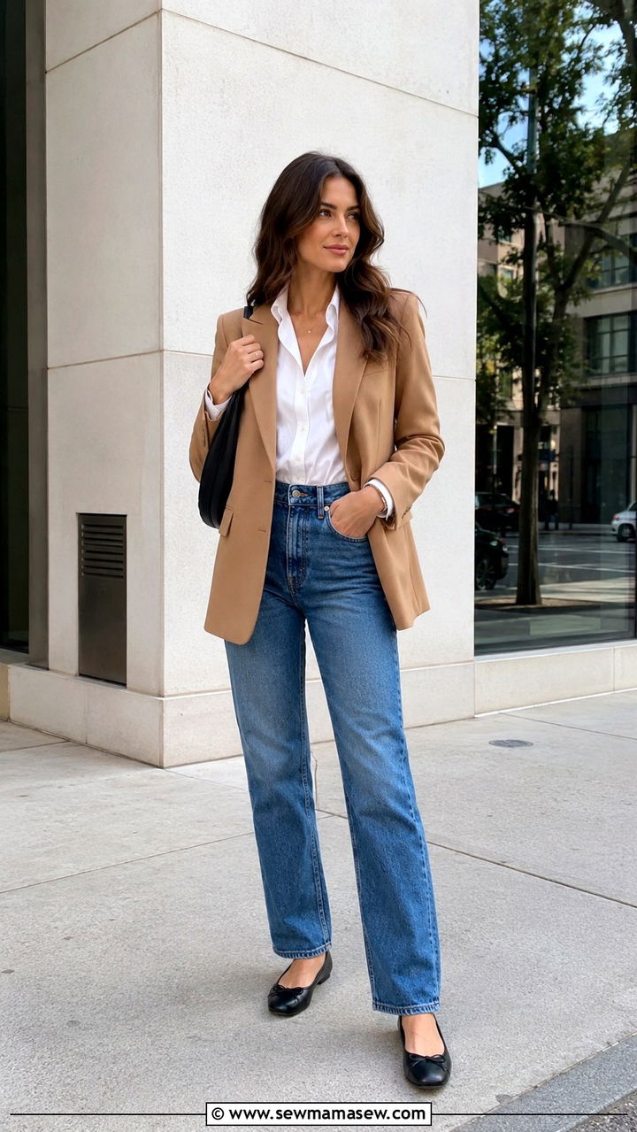 Camel Blazer with White Button Up and Straight Leg Jeans - 30 Late March outfit ideas