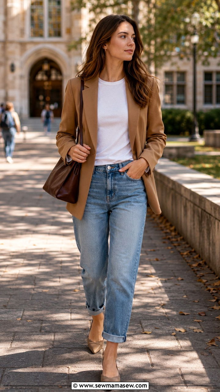 Camel Blazer with White Tee and Boyfriend Jeans Outfit - 30 classy back to school outfits
