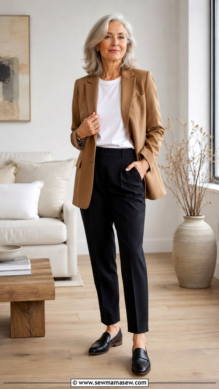 Camel Blazer with White Tee and Tailored Black Trousers - 30 Capsule wardrobe women over 50