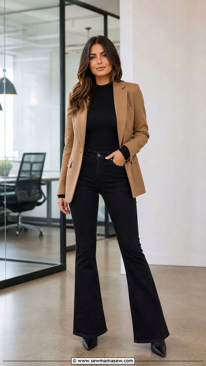 Camel Blazer with a Black Bodysuit and Black Flare Jeans - 30 Flare jeans outfit ideas with a blazer