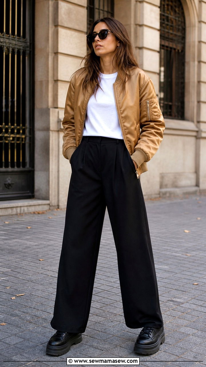 Camel Bomber Jacket with White Tee and Black Trousers - 40 Camel outfit ideas