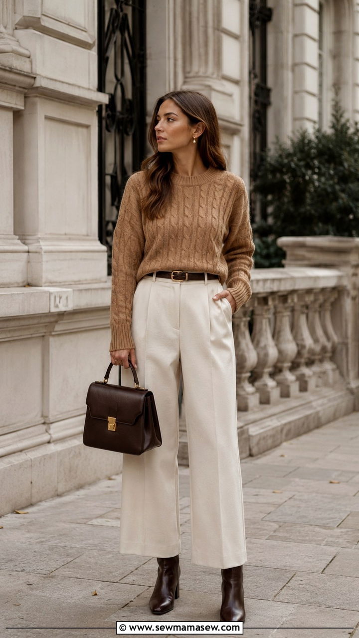 Camel Cable Knit Sweater and Wide Leg Wool Trousers Outfit - 25 aesthetic outfits to copy
