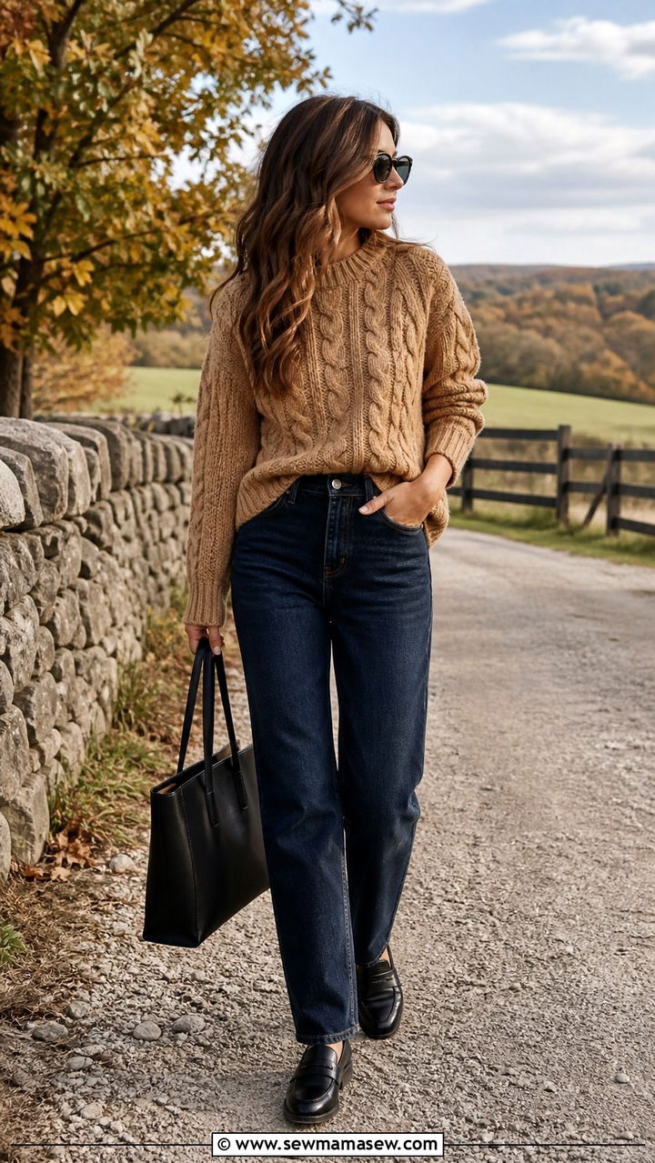 Camel Cable Knit Sweater with Denim and Loafers - 40 Camel outfit ideas
