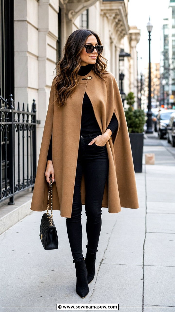Camel Cape Coat with Skinny Jeans and Ankle Boots - 35 Cape coat outfit ideas