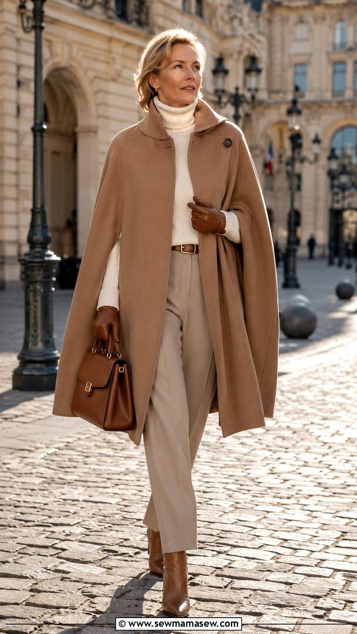 Camel Cape Coat with Tailored Trousers - 30 Sophisticated outfit ideas for women over 40