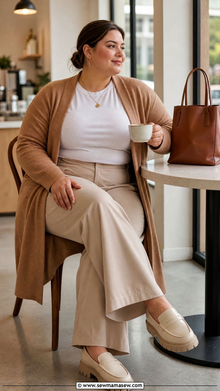 Camel Cardigan With White Tee and Beige Wide Leg Pants - 25 Plus size outfit ideas clean girl