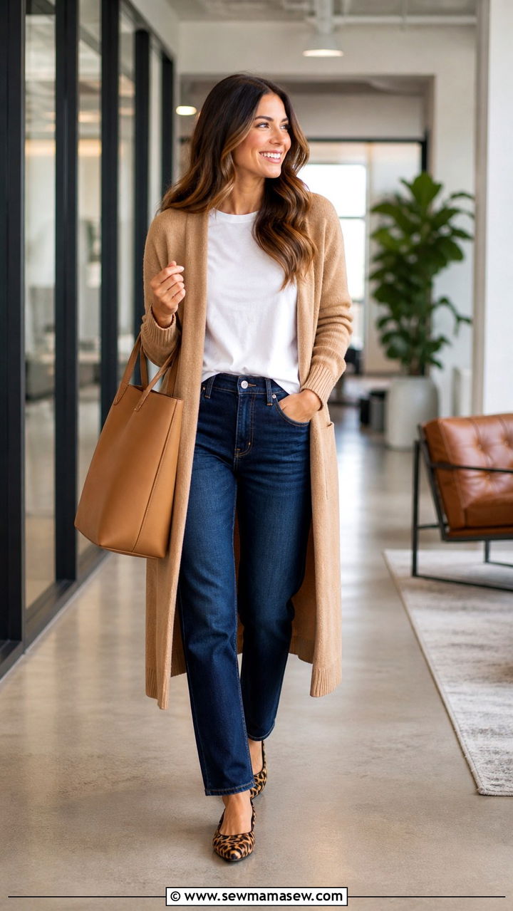 Camel Cardigan With White Tee and Dark Wash Jeans - 40 business casual outfits