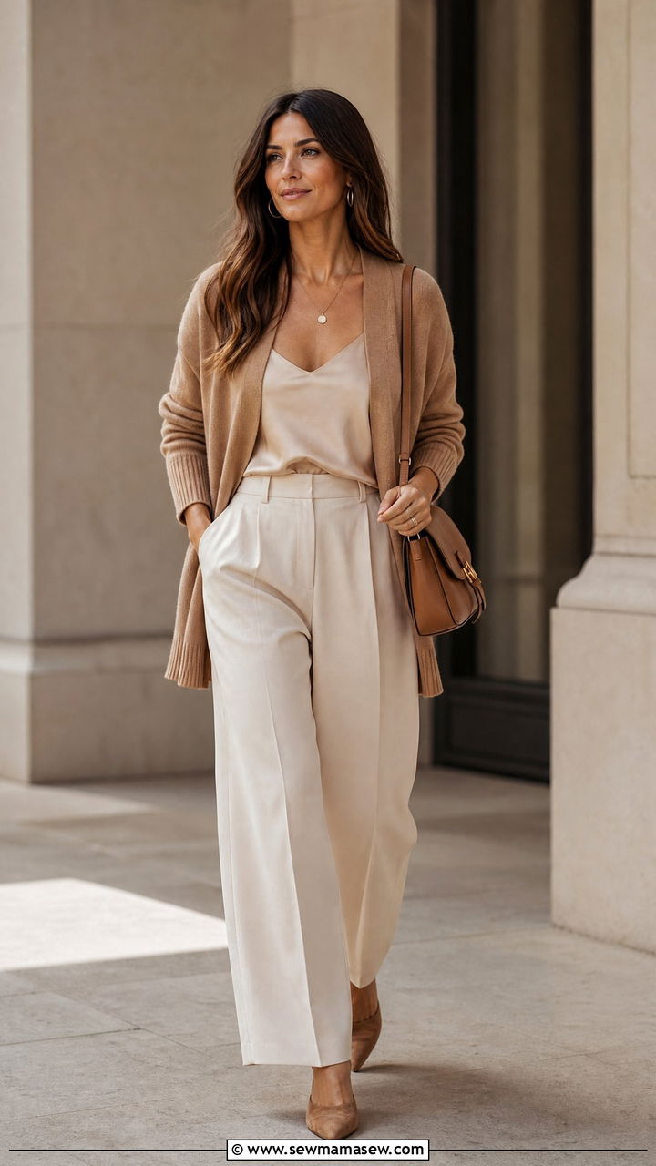 Camel Cardigan With Wide Leg Cream Trousers - 30 Marketer outfit ideas