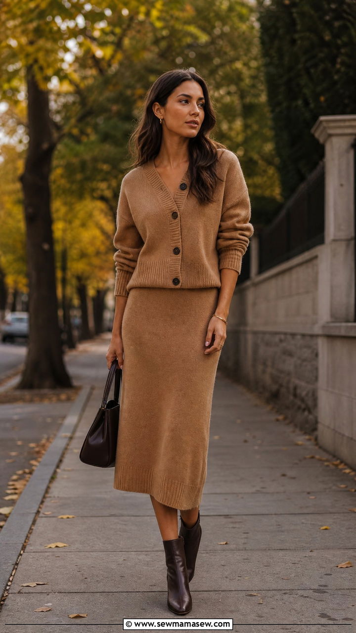 Camel Cardigan and Knit Skirt Matching Set - 25 Matching set outfit ideas neutral