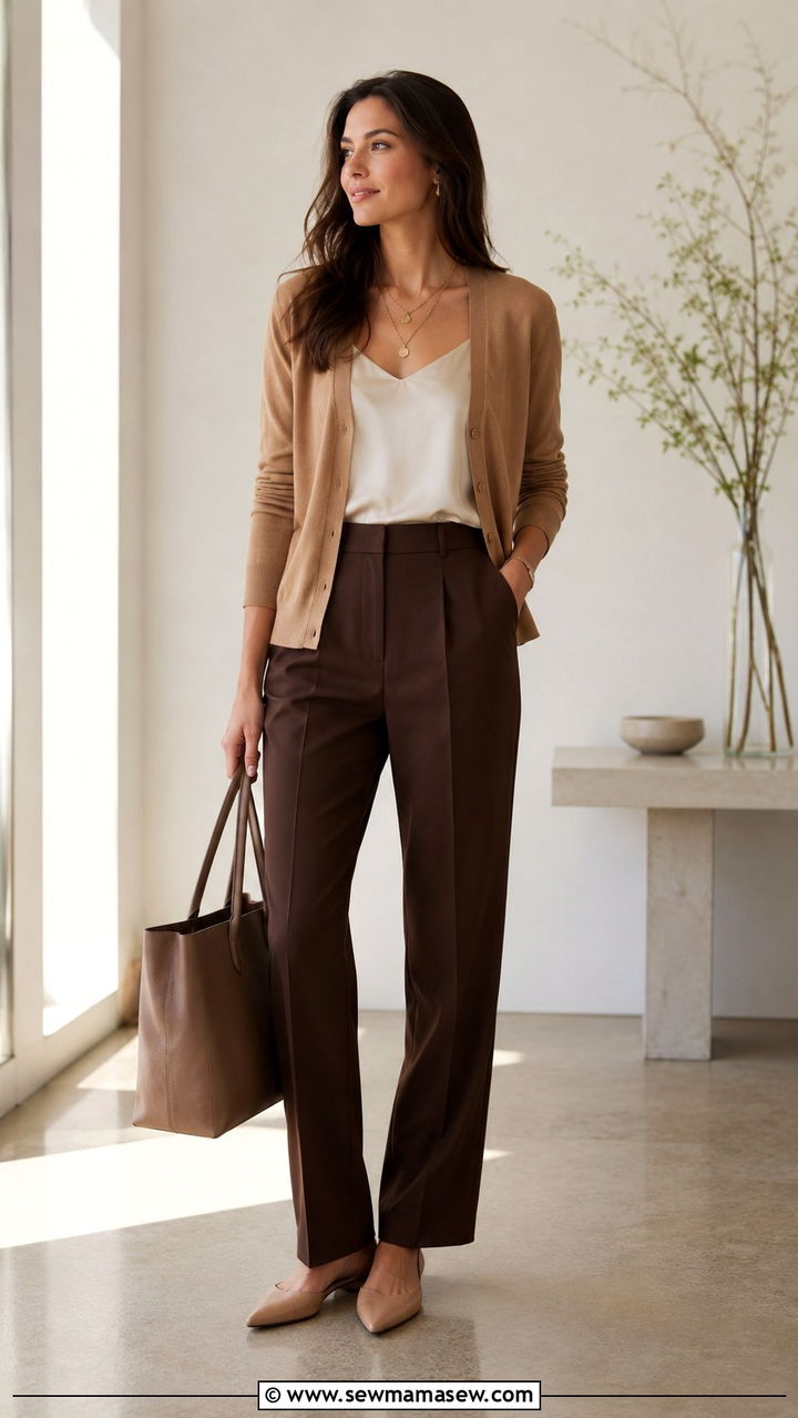 Camel Cardigan over Silk Camisole Outfit - 30 Spring work capsule wardrobe