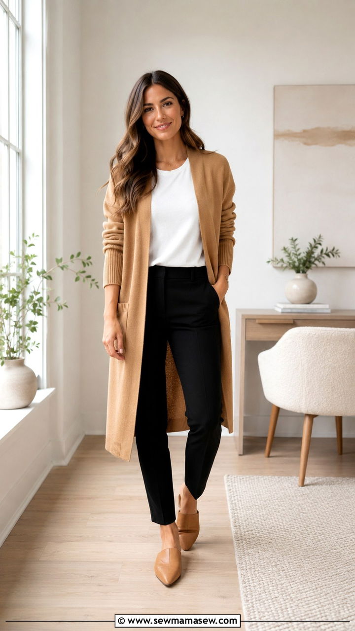 Camel Cardigan over White Tee with Black Trousers - 30 LinkedIn photo outfit ideas