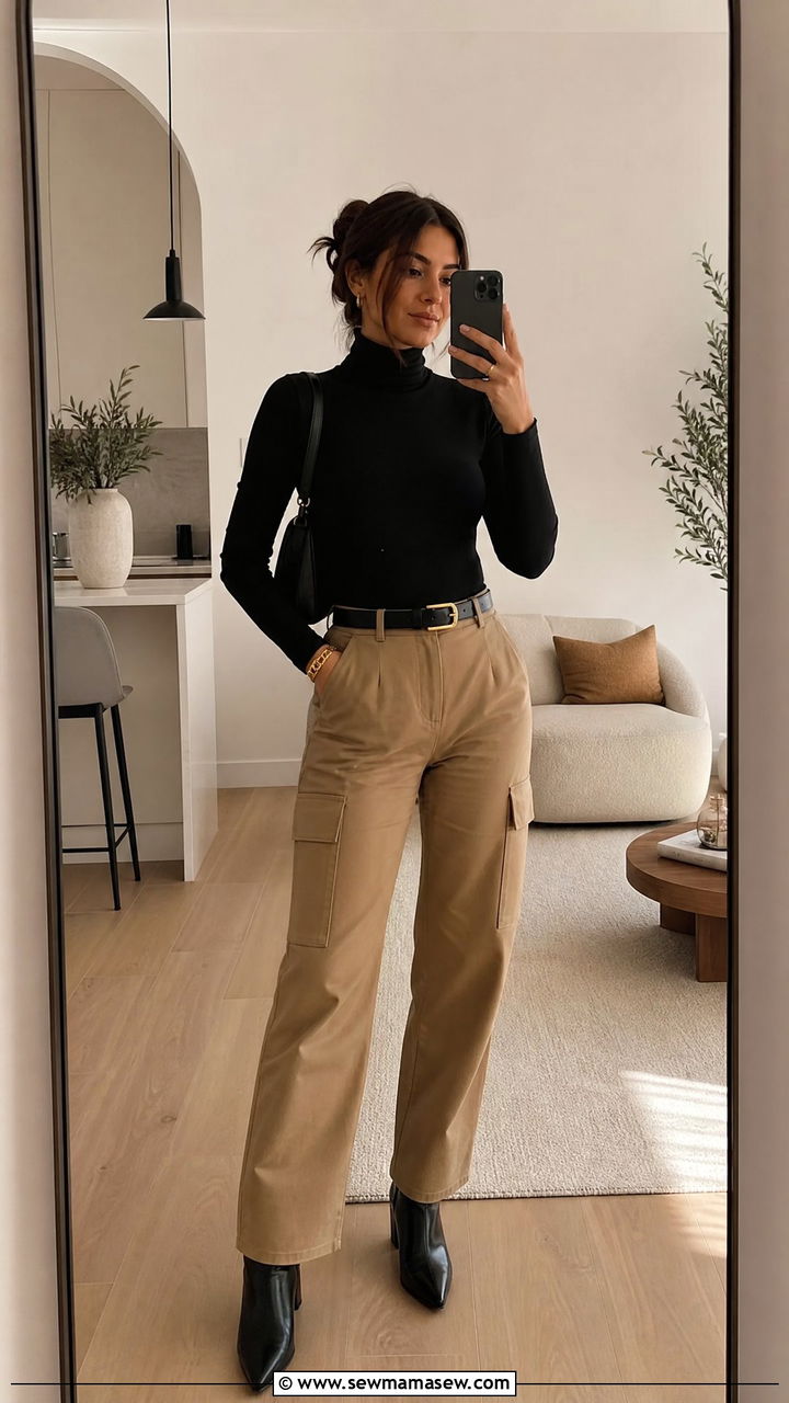 Camel Cargo Pants With A Black Turtleneck And Ankle Boots - 25 cargo pants outfits inspo