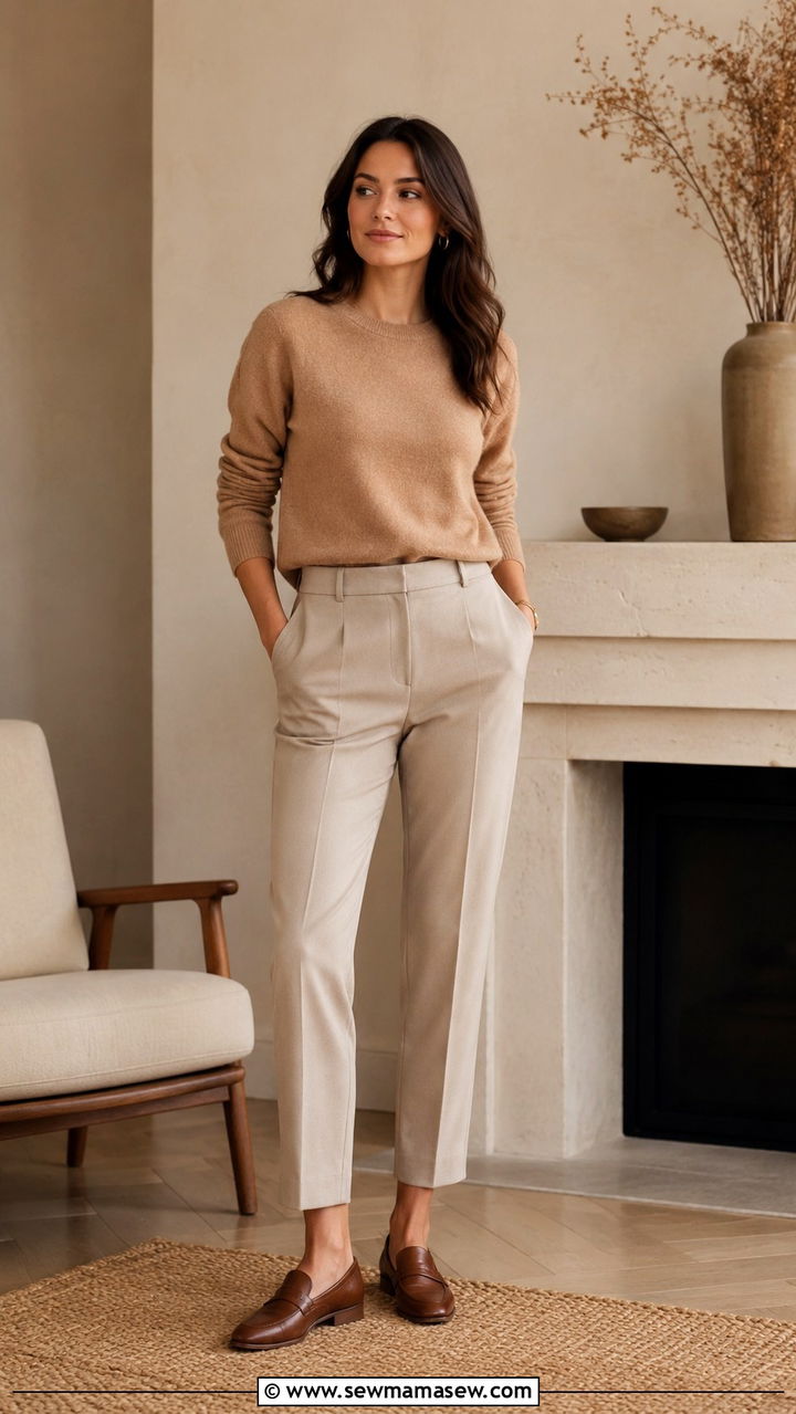 Camel Cashmere Sweater Beige Trousers Brown Loafers - 30 classy 90s outfit ideas