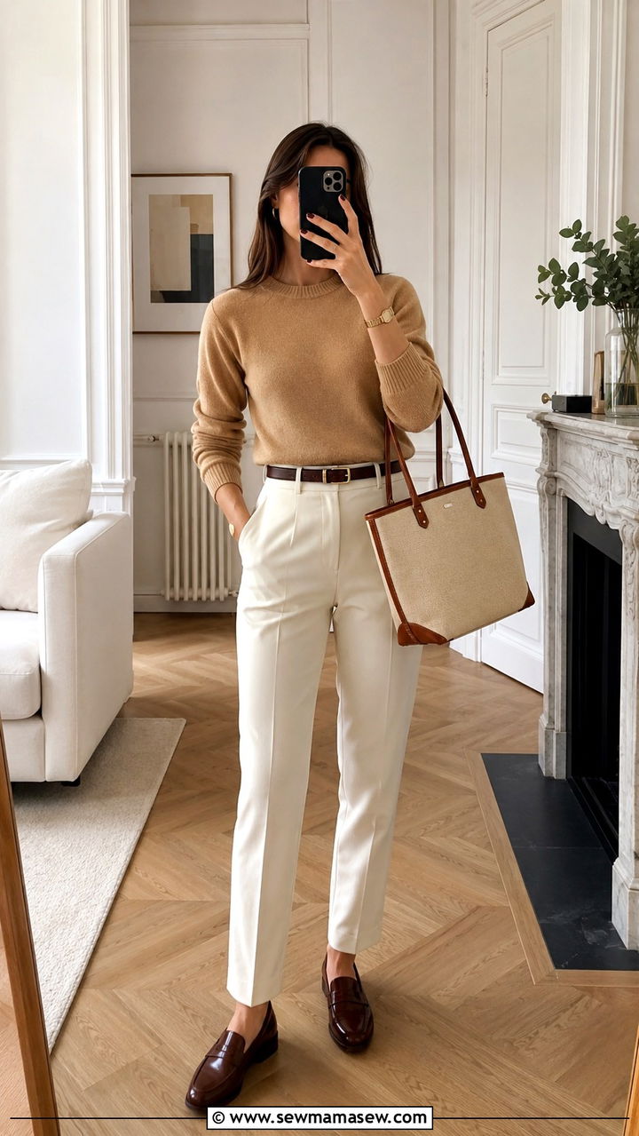 Camel Cashmere Sweater With Ivory Straight Leg Trousers And Loafers - 30 Parisian work outfits