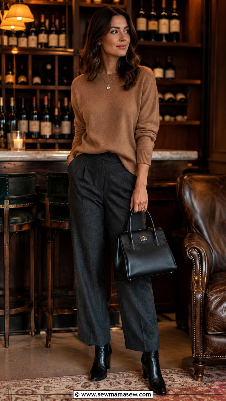 Camel Cashmere Sweater with Gray Wool Trousers and Ankle Boots - 25 Old money outfit ideas affordable