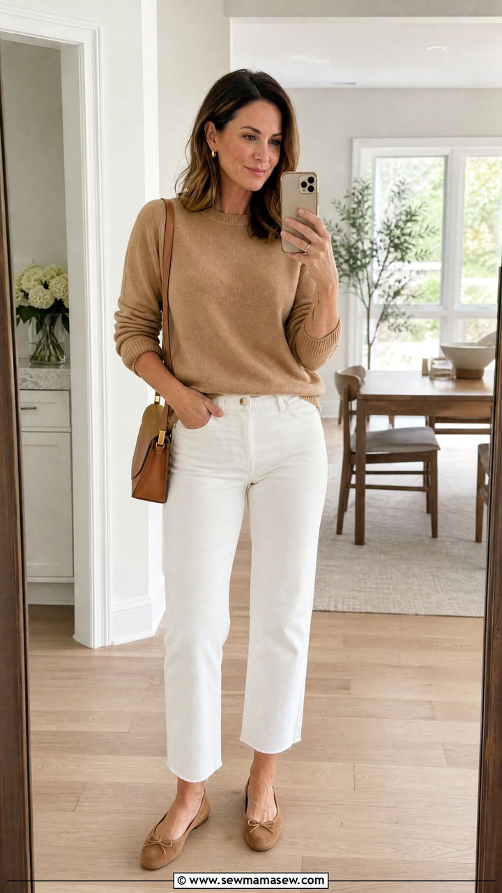 Camel Cashmere Sweater with White Cropped Jeans - 30 casual outfits for women over 30