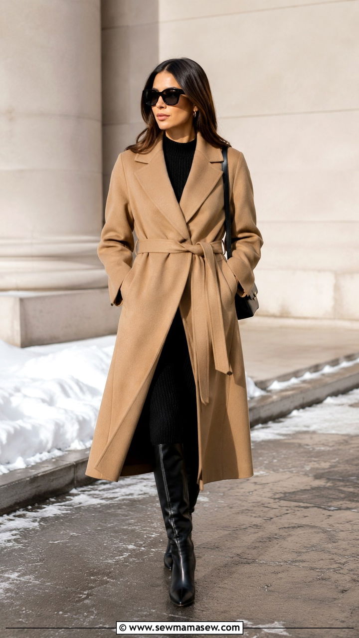Camel Cashmere Wrap Coat with a Black Knit Dress and Tall Boots - 20 Quiet luxury outfit ideas Khaite style