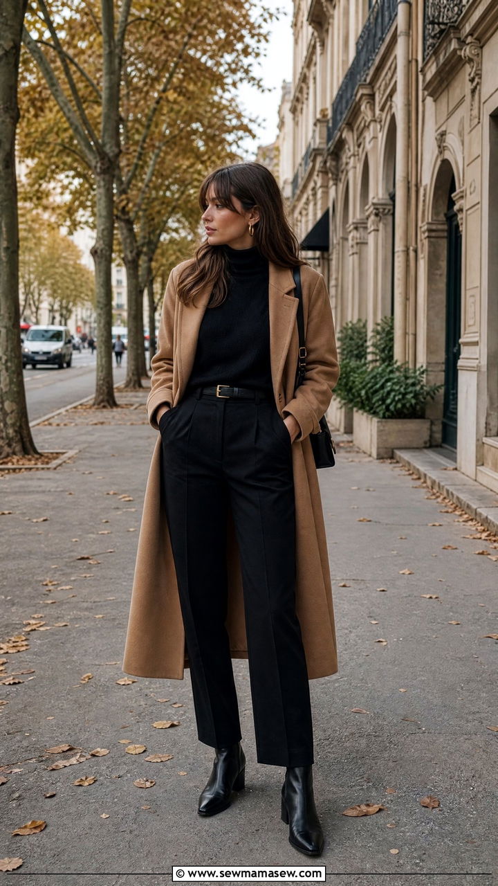 Camel Coat And All Black Base With Gold Hoops - 25 French girl outfit ideas with gold hoops