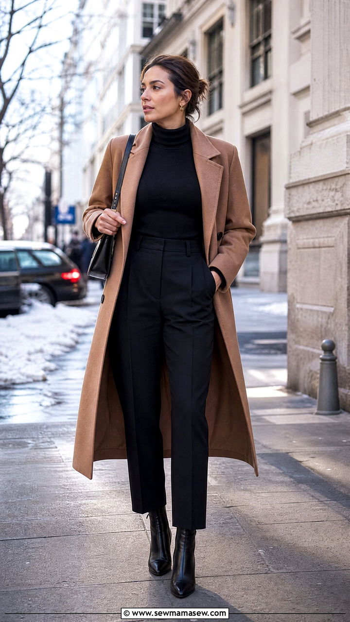 Camel Coat And Black Ensemble Winter Engagement Outfit - 30 Engagement session outfit ideas