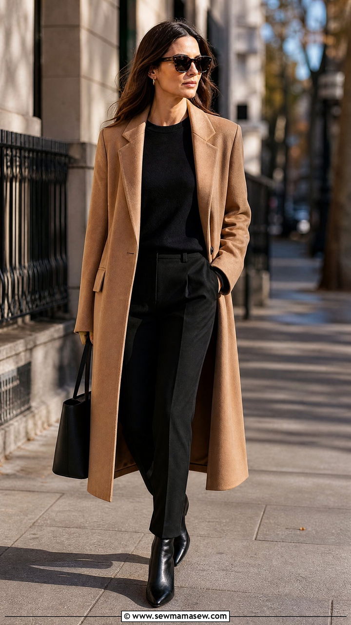 Camel Coat And Black Trousers - 35 Minimalist outfit ideas for work