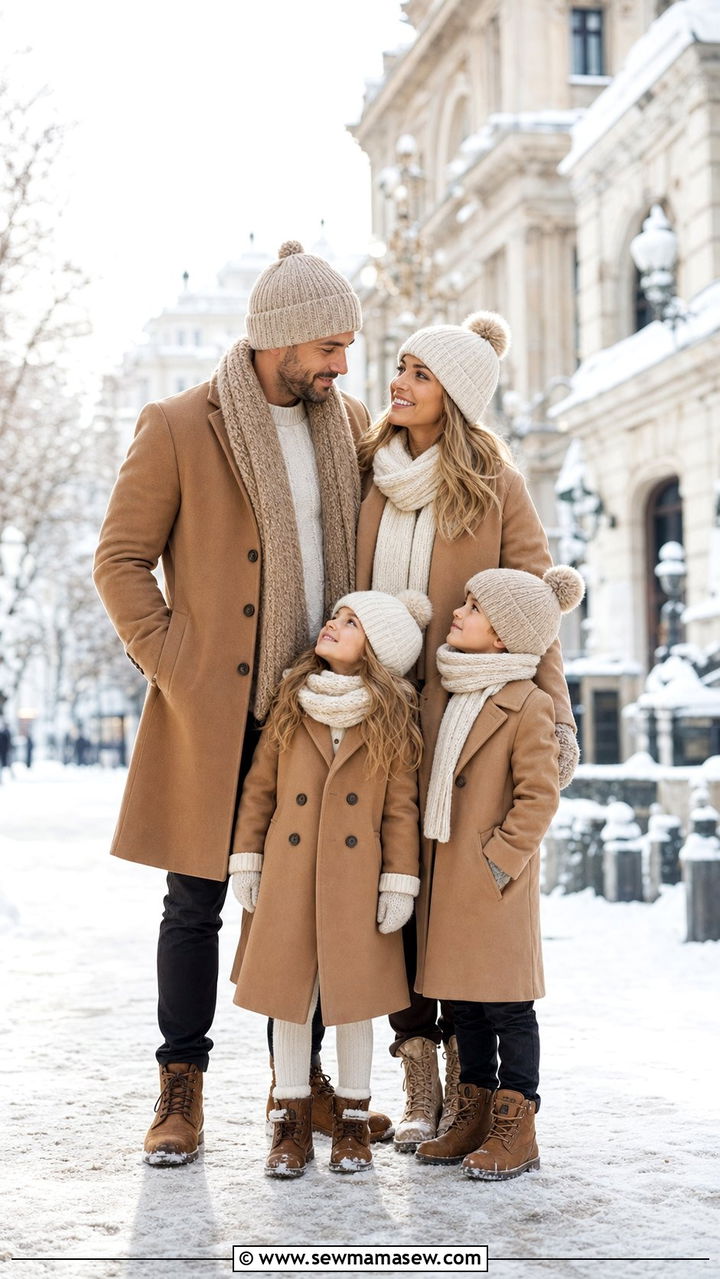 Camel Coat And Cream Knit Winter Family Photo Outfit - 25 Family photo outfit ideas matching