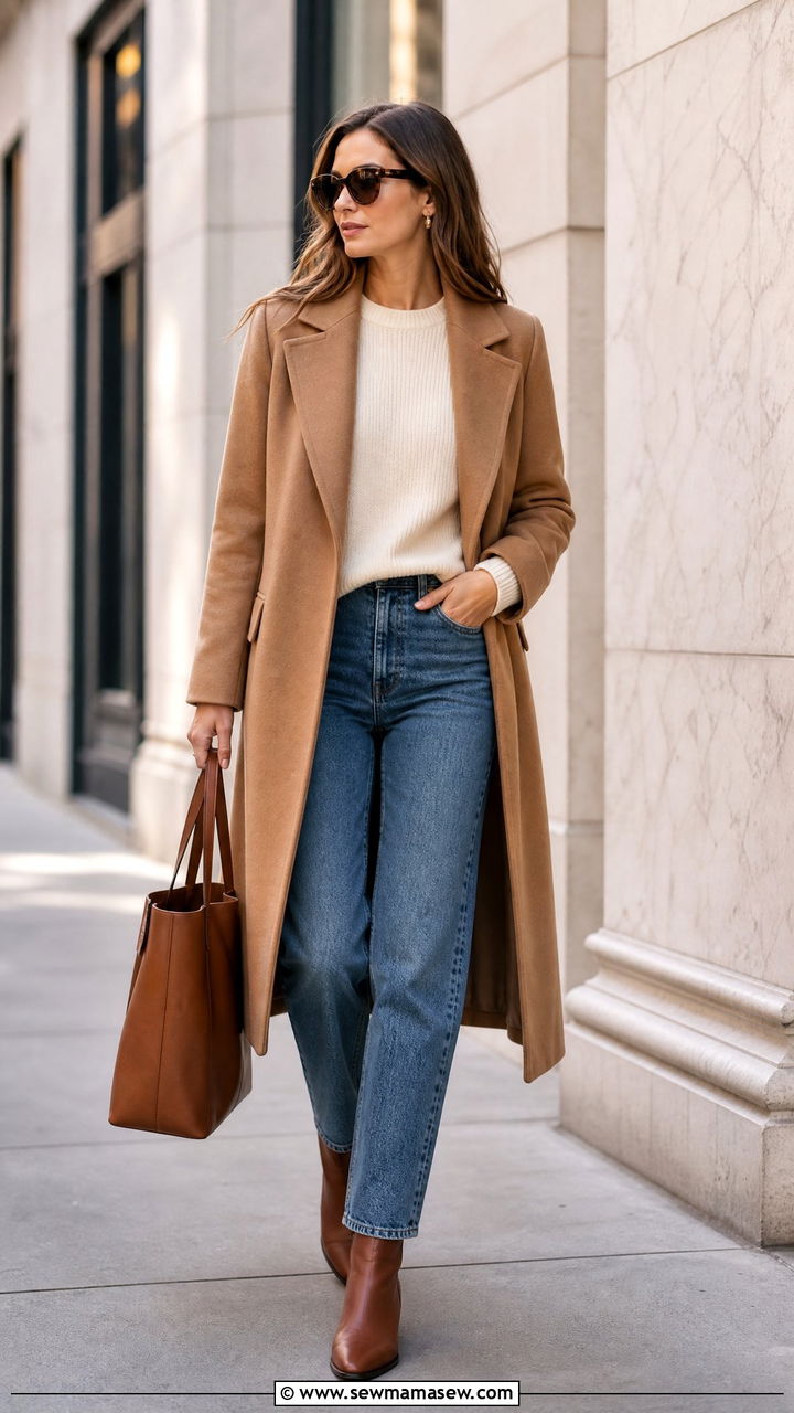 Camel Coat And Straight Leg Jeans Outfit - 30 classy minimalist outfit ideas