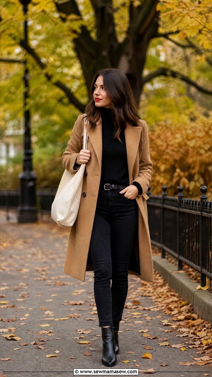 Camel Coat Black Jeans Outfit Red Lip - 25 French girl outfit ideas with red lipstick