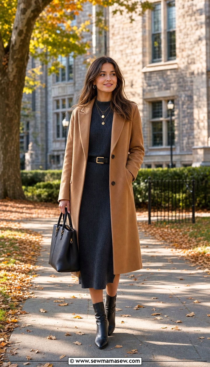 Camel Coat Knit Dress Ankle Boots Outfit - 25 college outfits aesthetic