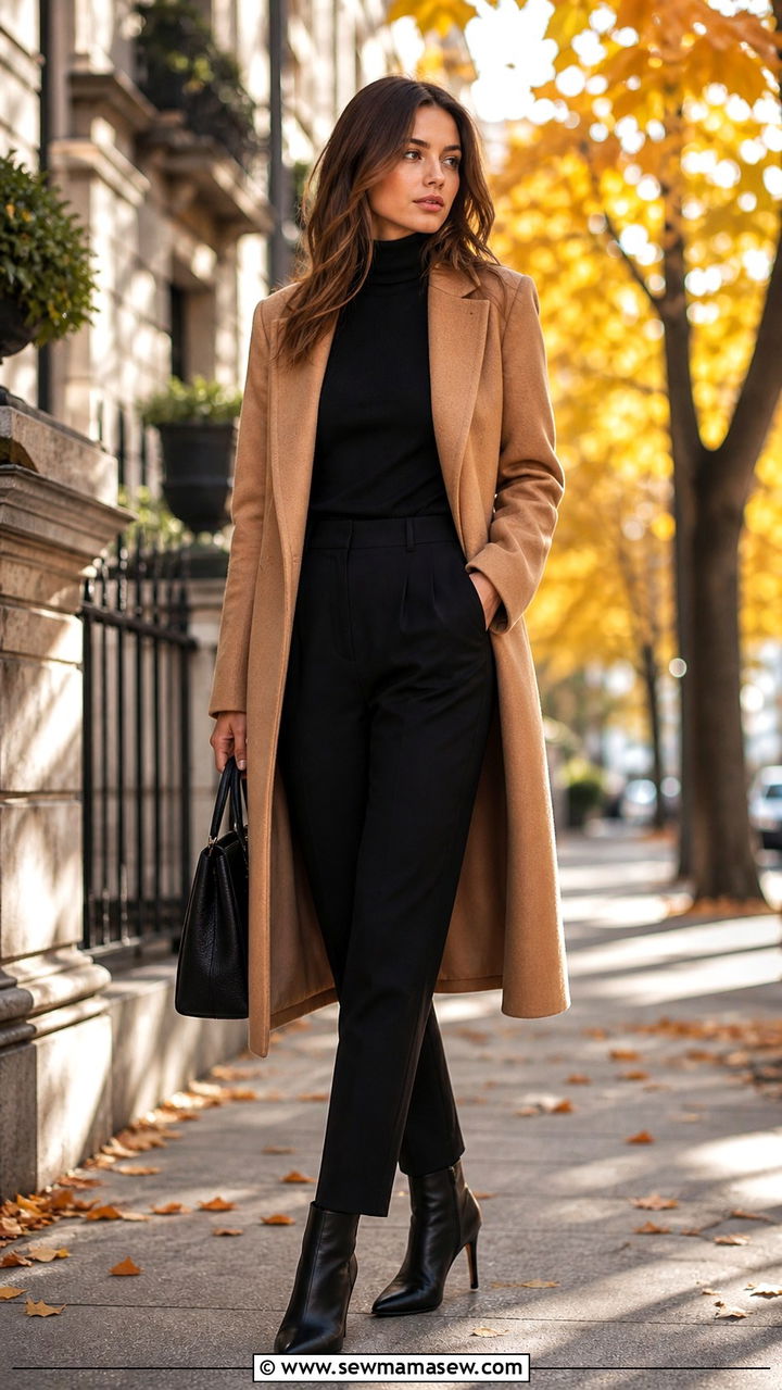 Camel Coat Layered Over All Black Work Outfit - 40 Classy work outfit ideas