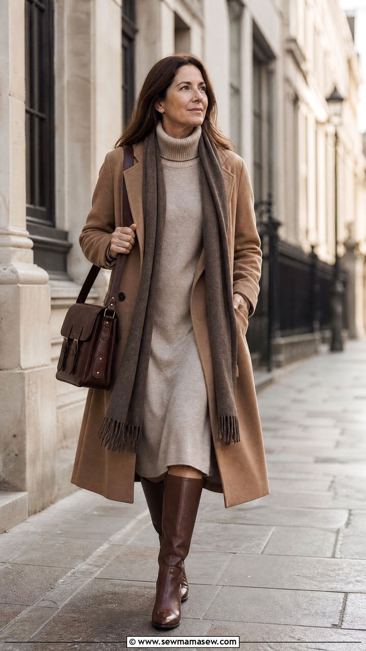 Camel Coat Outfit with Turtleneck Dress and Knee High Boots - 25 light academia outfit ideas for women over 40
