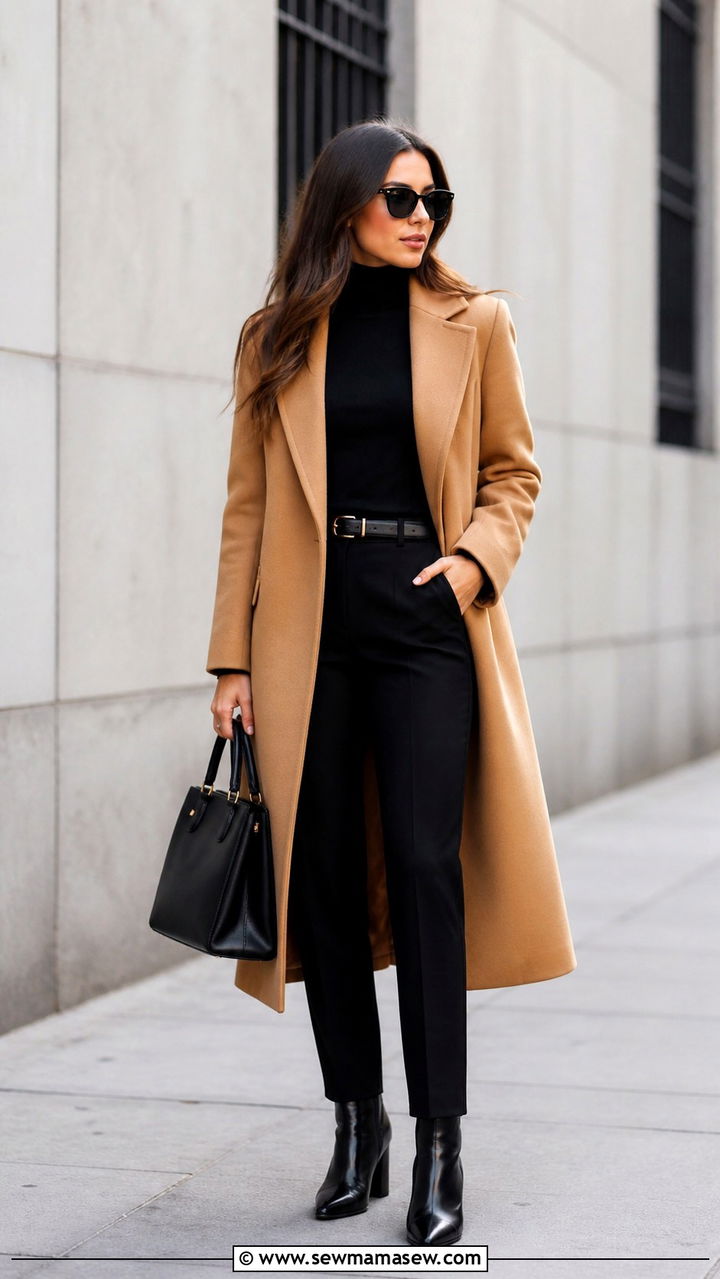 Camel Coat Over All Black Base With Ankle Boots - 40 Timeless outfit ideas
