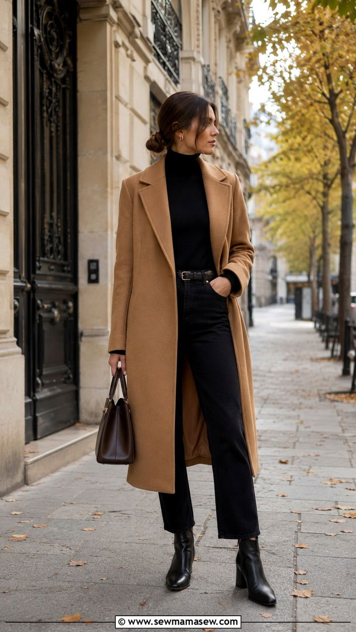 Camel Coat Over All Black Layers - 30 classy parisian outfit ideas