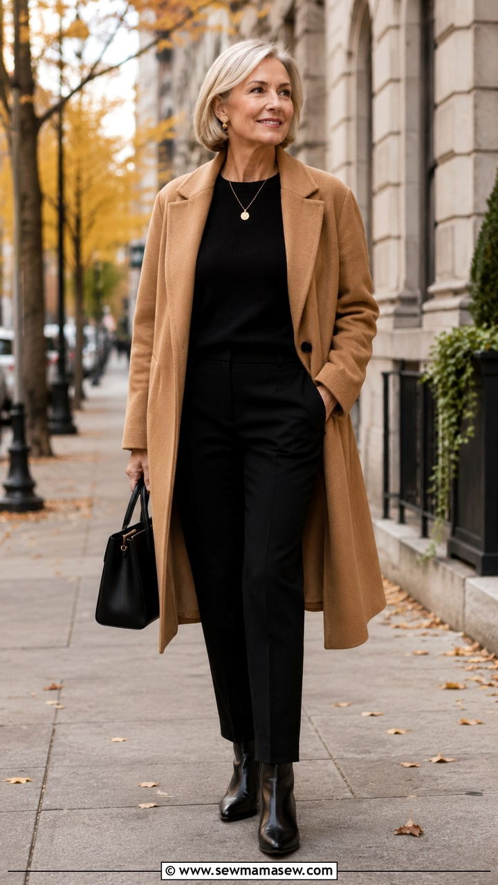 Camel Coat Over All Black Outfit - 30 Minimalist outfits for women over 50