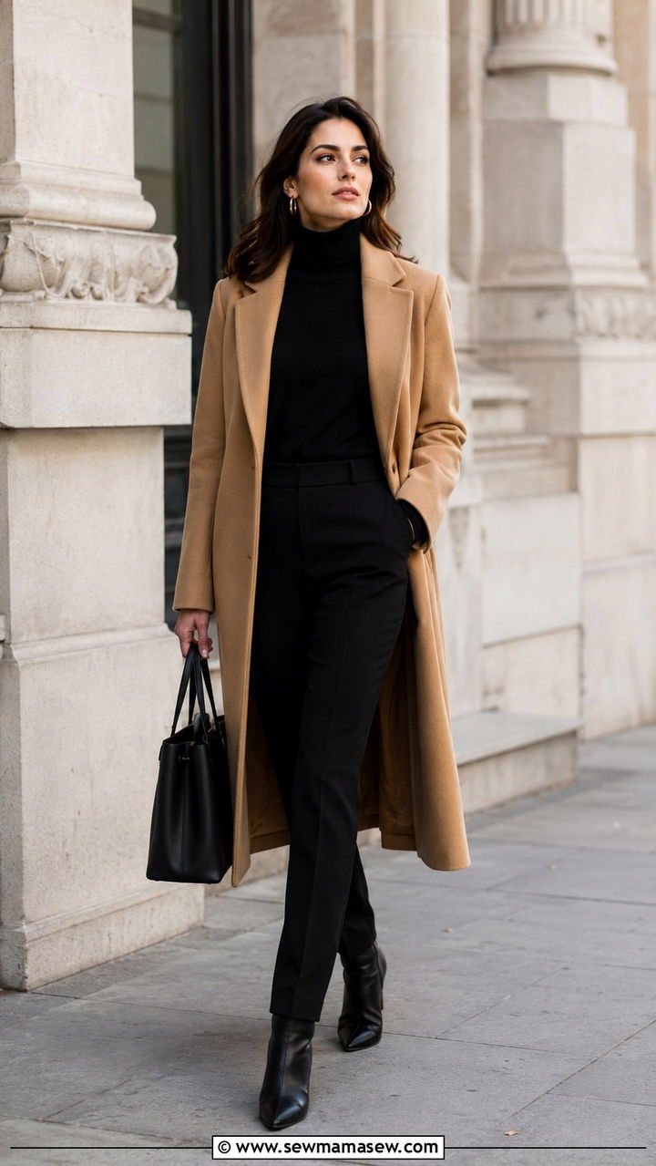 Camel Coat Over All Black Outfit - 30 Earth tone outfit ideas
