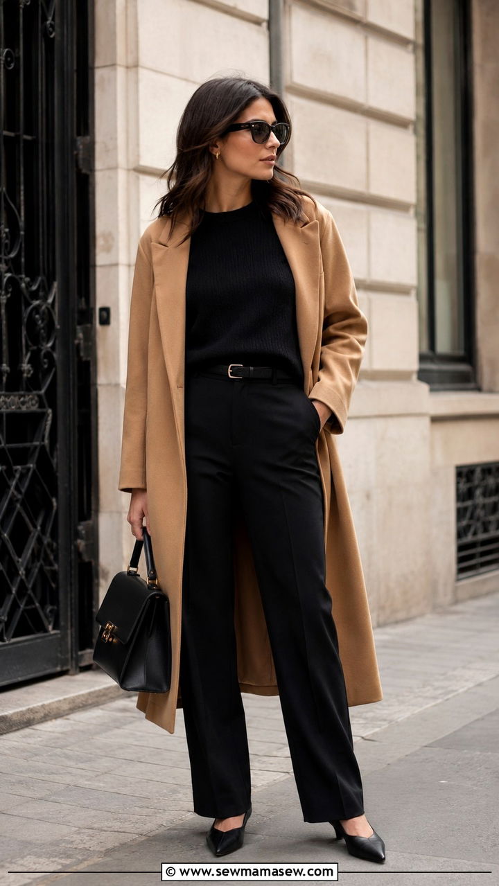 Camel Coat Over All Black Spring Outfit - 30 Minimalist spring capsule wardrobe