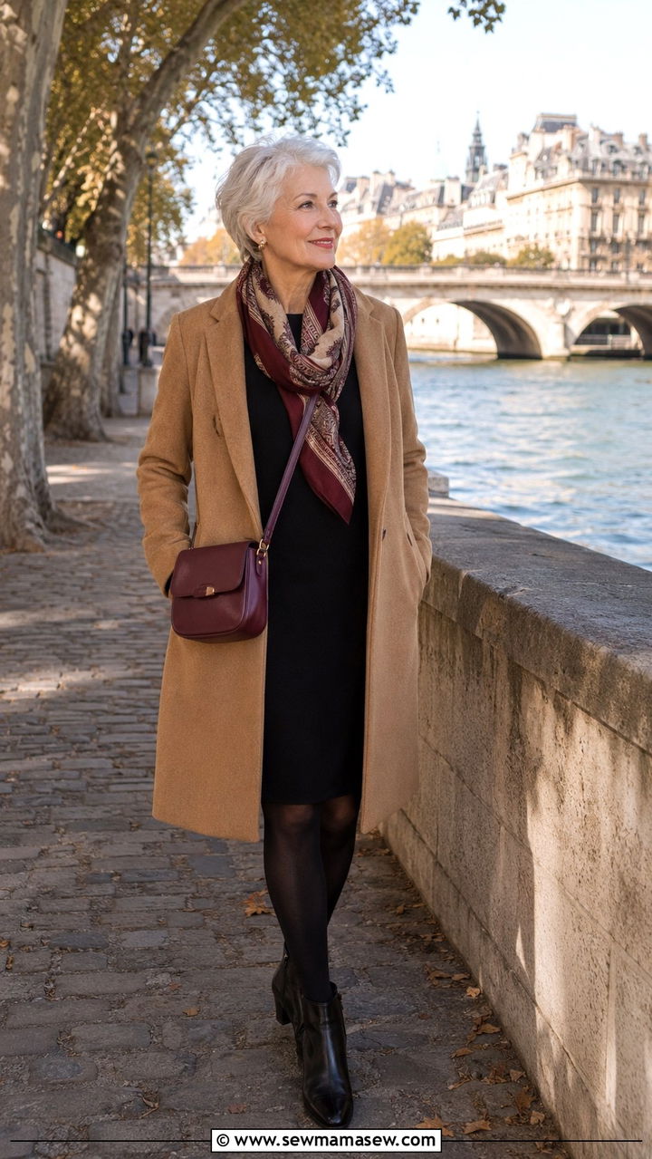 Camel Coat Over Black Dress Outfit - 30 Parisian outfits for women over 60