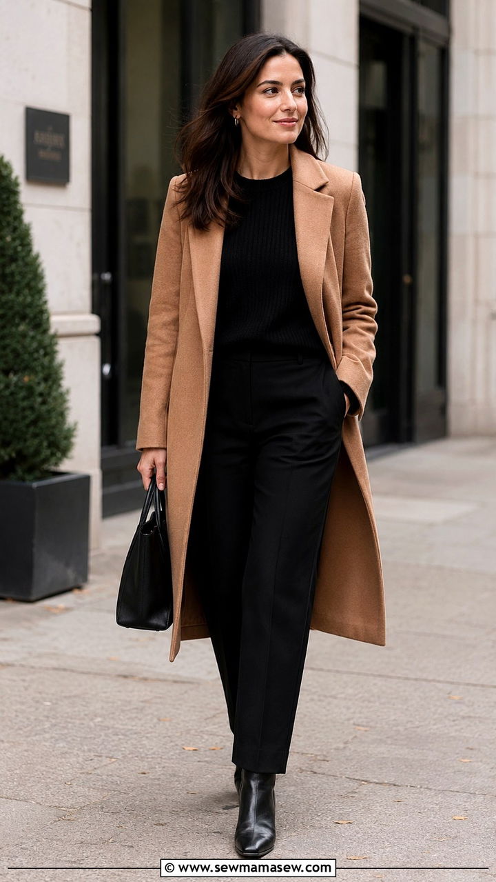 Camel Coat Over Black Knit And Straight Leg Pants - 20 Psychologist outfit ideas
