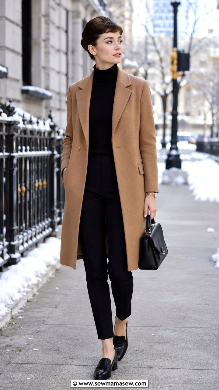 Camel Coat Over Black Turtleneck and Slim Trousers - 25 Audrey Hepburn outfit ideas