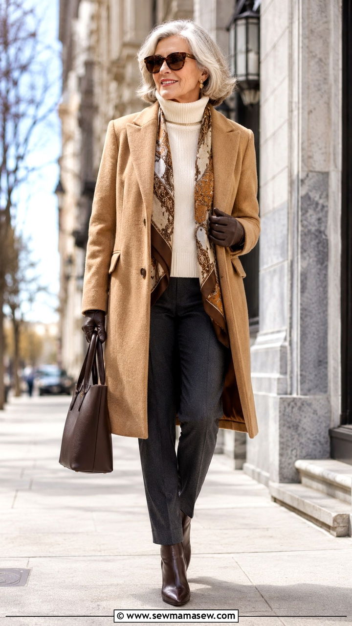 Camel Coat Over Cashmere Turtleneck - 30 Quiet luxury outfits for women over 50